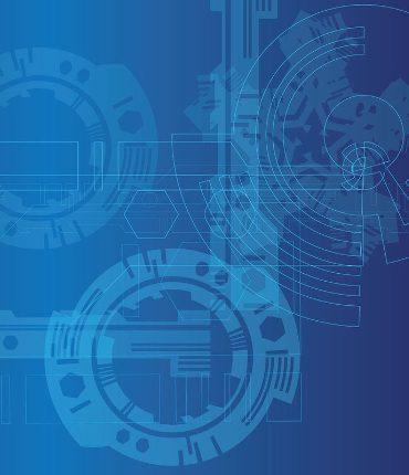 Abstract blue illustration of interlocking gears and circuitry