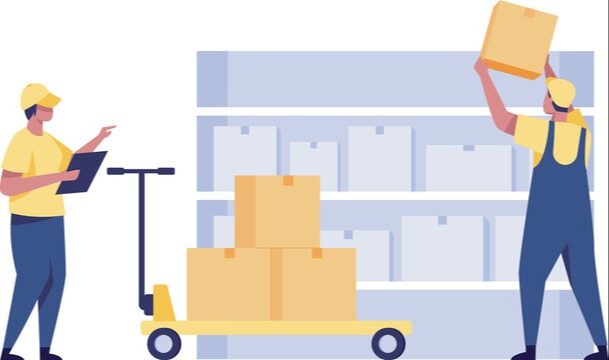 Illustration of warehouse workers moving boxes with a pallet jack