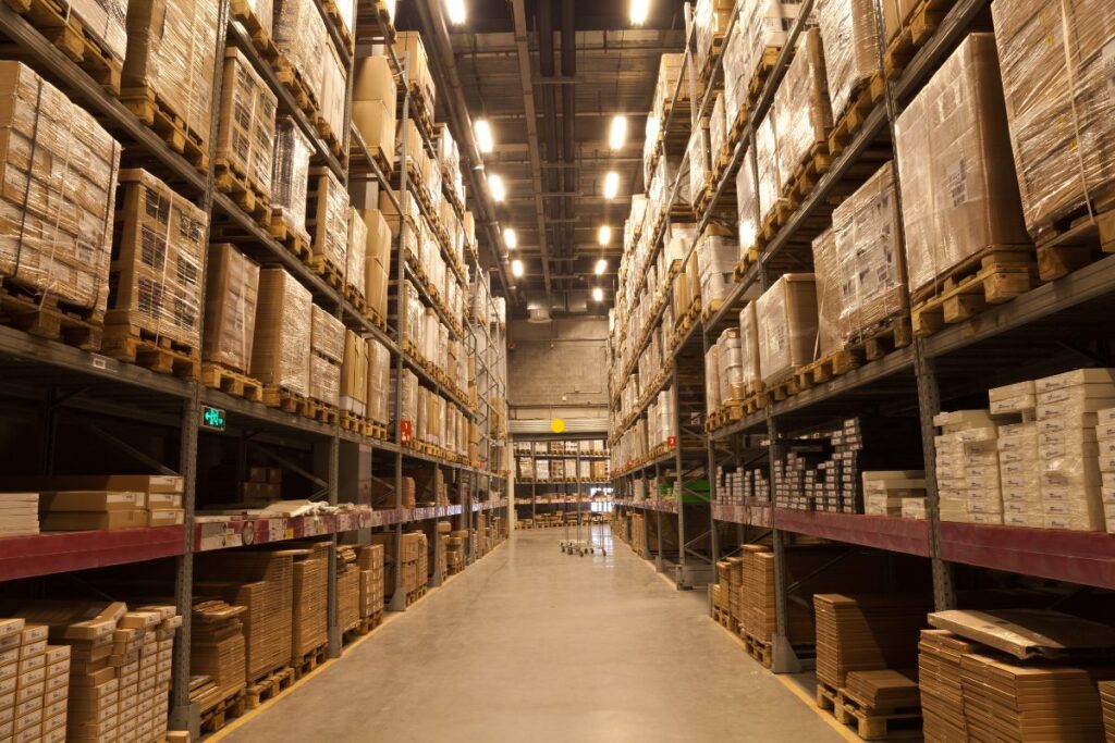 Warehouse aisle lined with boxed inventory