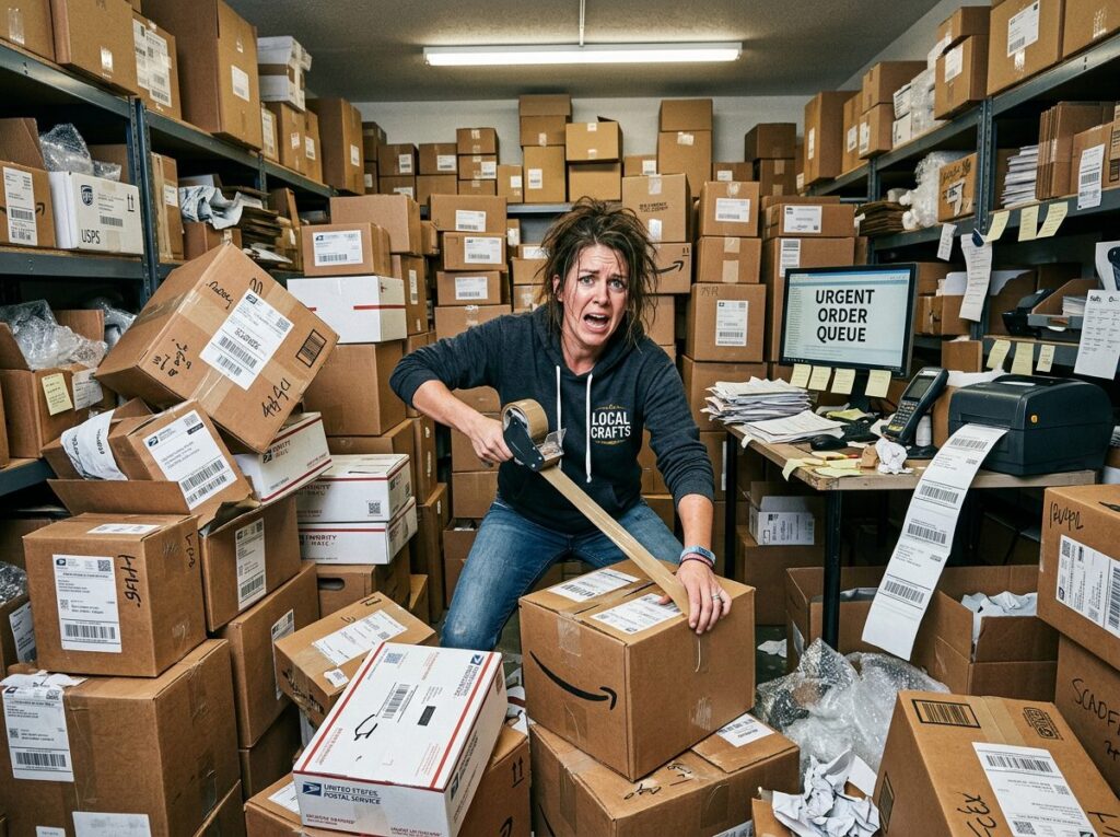 Overwhelmed worker surrounded by parcels beside a screen reading URGENT ORDER QUEUE